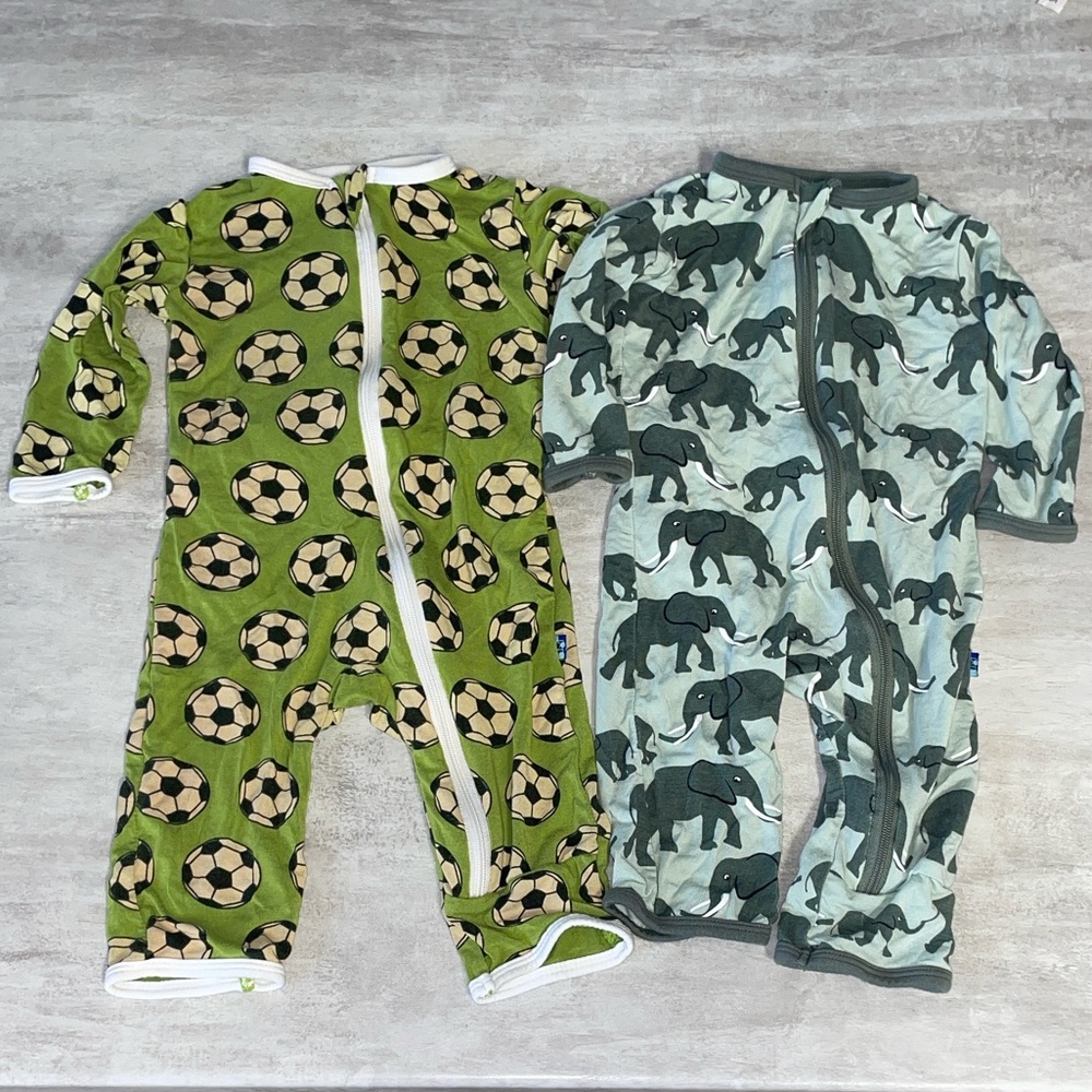 KICKEE PANTS Bamboo Boy Coveralls w/ Zipper in Aloe Elephant & Meadow Soccer